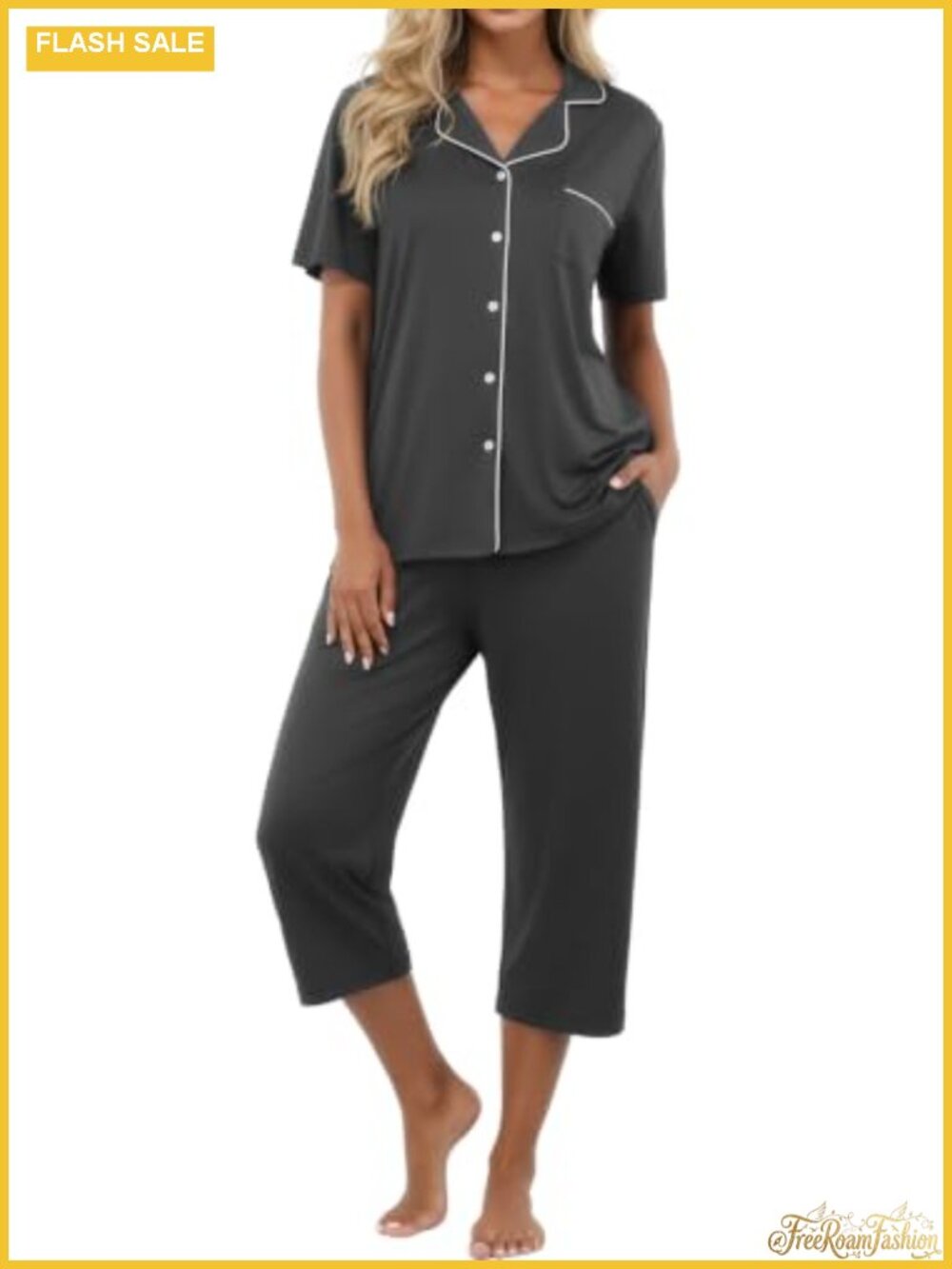 Women's Capri Pajama Set Short Sleeve Notch Collar Button Down Sleepwear 95%